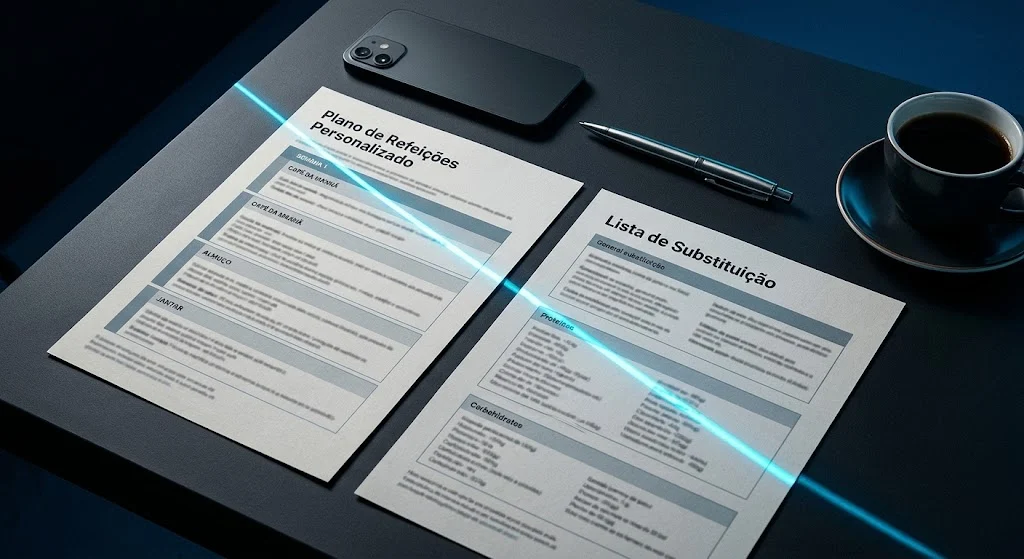 Plano alimentar por escrito sobre a mesa, com a lista de substituições